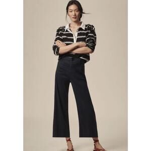 Anthropologie Maeve The Colette Cropped Wide Leg Linen Blend Navy Pants Womens 6